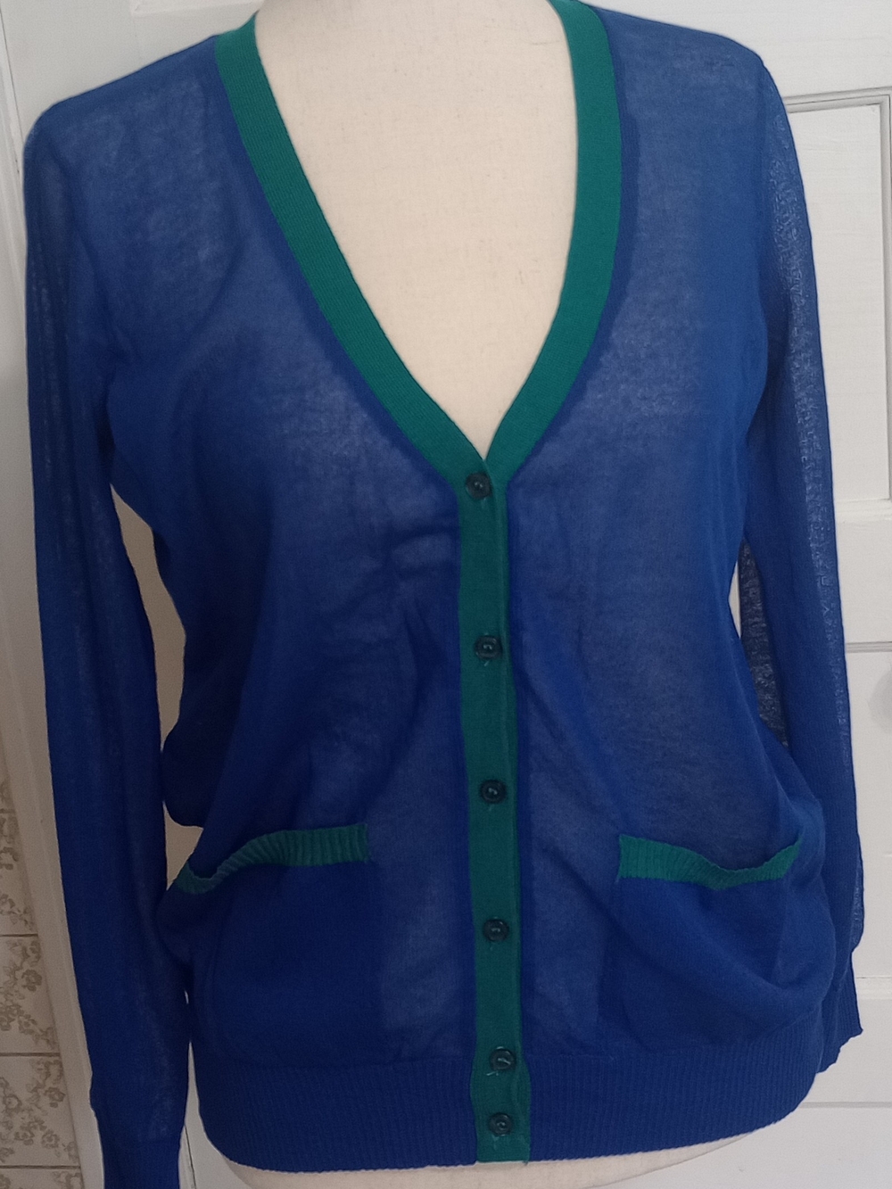 Blue & Green V-Neck Button Cardigan Sweater